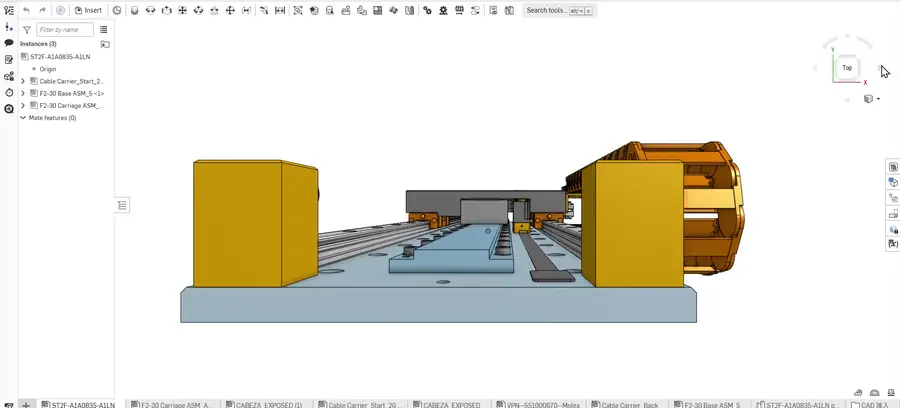 Linear axis assembly — base, carriage and cable carrier